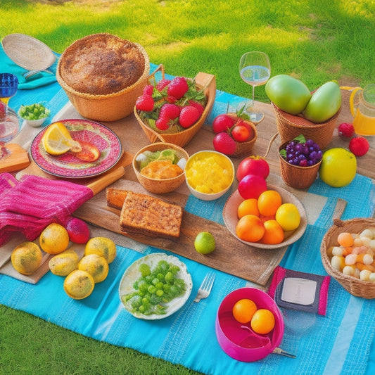 A vibrant picnic scene featuring a portable grill, colorful picnic blanket, a cooler filled with drinks, fresh fruits, and a set of stylish plates and utensils, all set in a sunlit park surrounded by lush greenery.