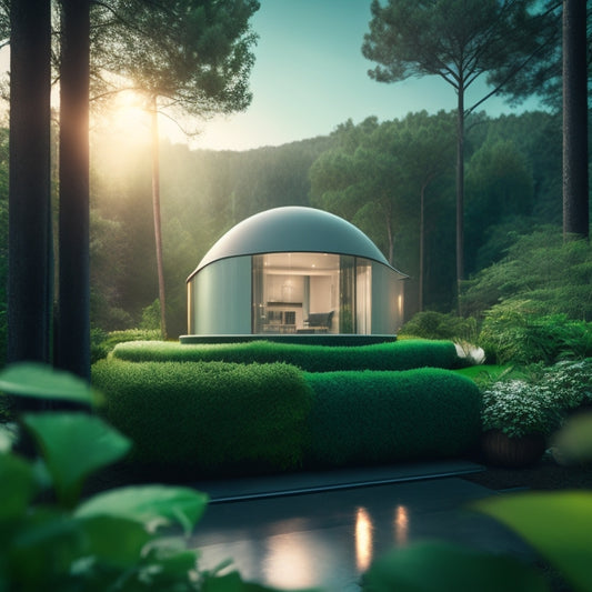 An illustration of a cozy, modern home with a green glow emanating from it, surrounded by lush greenery, with a subtle background of a decreasing thermometer and a faint outline of the Earth.