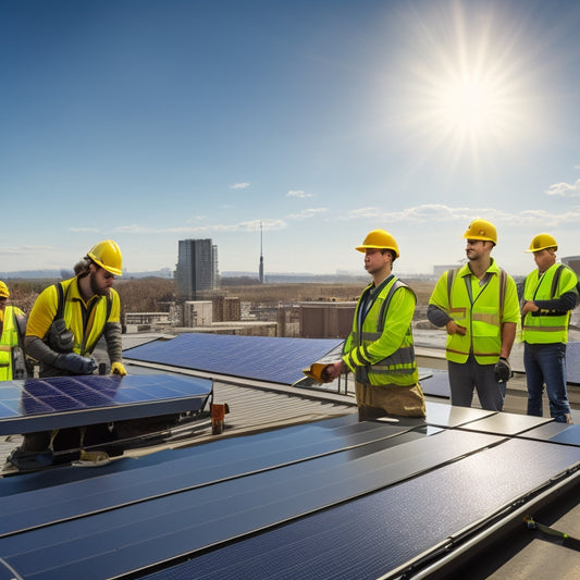 A sunny rooftop with a small business building in the background, featuring a series of sleek, black solar panels installed at an angle, with a few workers in yellow vests and hard hats nearby.