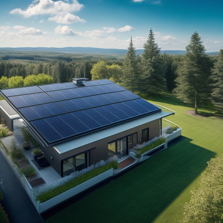 A modern residential rooftop with sleek, black solar electric roof panels seamlessly integrated into the roof's surface, surrounded by a lush green landscape and a bright blue sky.