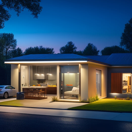 An illustration of a modern home with a compact, sleek power backup system installed, featuring a battery pack, inverter, and electrical panel, surrounded by lit lamps and appliances during a nighttime blackout.