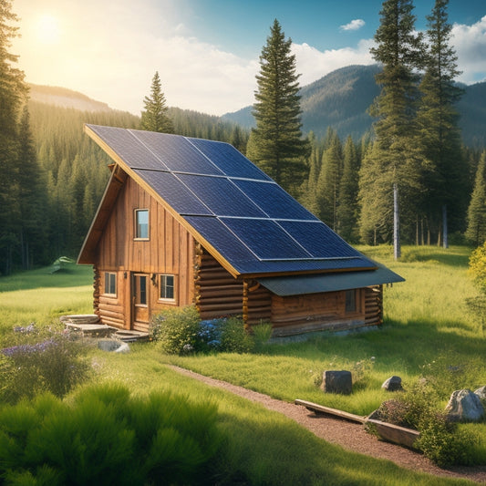 A serene off-grid landscape featuring solar panels on a rustic cabin roof, surrounded by lush greenery. Include a close-up of various battery types, showcasing their labels, textures, and colors, all under a bright blue sky.