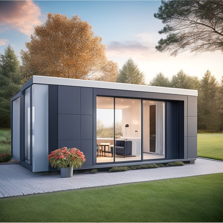 A modern, sleek home with a large window and minimalist decor, featuring a compact, rectangular home battery pack with a silver and black finish, installed against a wall.