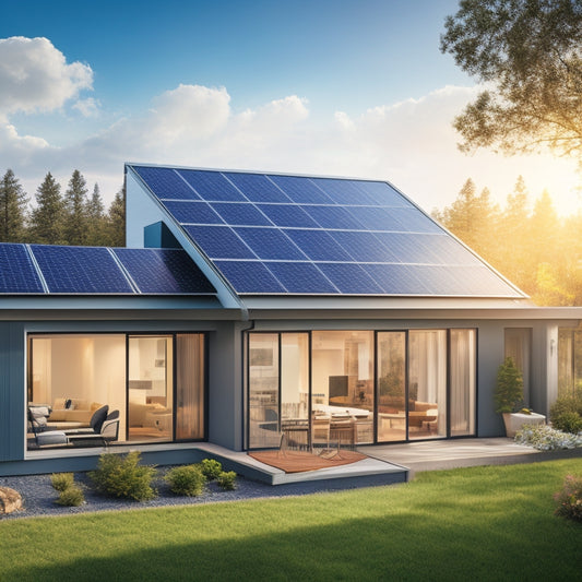 An illustration of a modern, sustainable home with solar panels, triple-glazed windows, and a green roof, set against a cityscape with a subtle grid of building codes and certifications in the background.