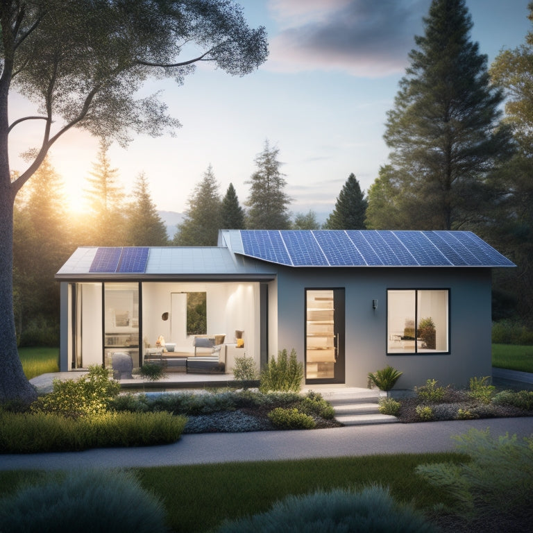 A serene, modern home with sleek, silver solar panels on the roof, a compact energy storage unit in the backyard, and a bright, glowing lightbulb above the front door, surrounded by lush greenery.