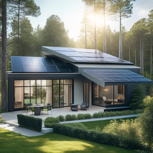 A serene, modern home surrounded by lush greenery, with a sleek, black solar panel array on the roof, angled towards the sun, and a compact, silver inverter box on the side wall.