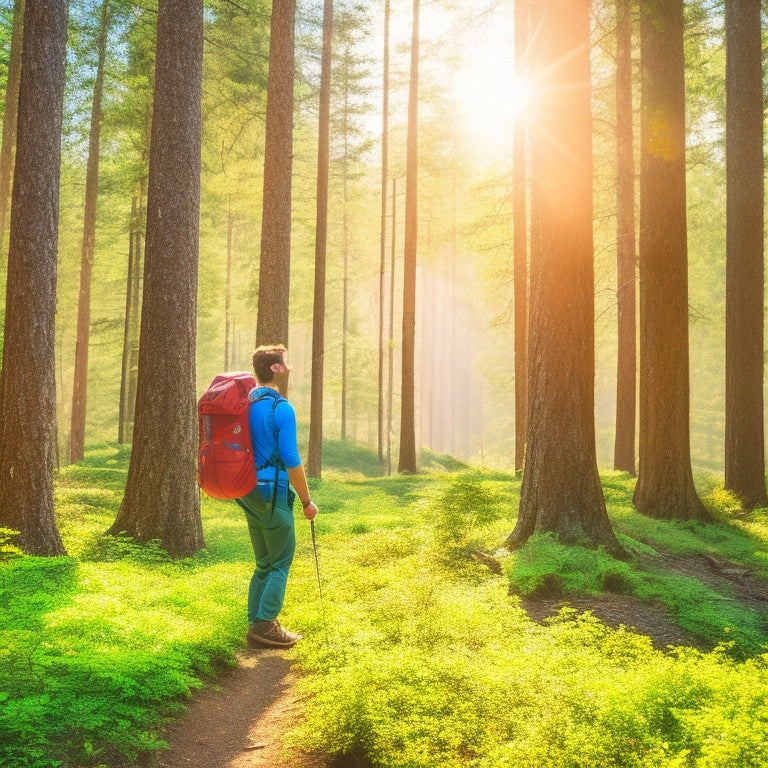 A serene forest trail with vibrant green trees, a hiker setting up a solar panel on a rock, sunlight glinting off the panel, a backpack nearby, and a clear blue sky overhead.