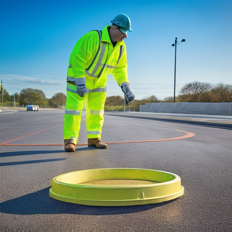 An illustration of a person wearing a yellow hard hat and holding a shovel, standing on a freshly paved asphalt road, with a flush mount manhole cover slightly ajar in the foreground.