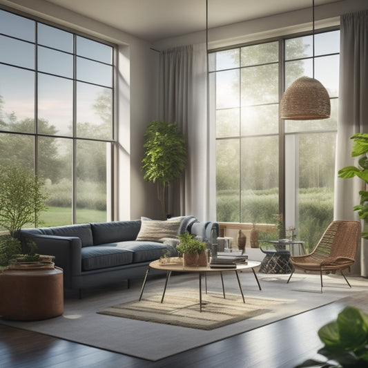 A serene living room with floor-to-ceiling windows, illuminated by soft sunlight and a few strategically placed solar-powered lamps, surrounded by lush greenery and a subtle background of wind turbines.