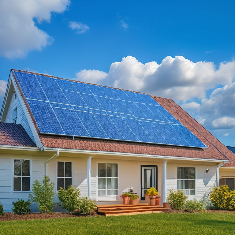 A bright blue sky with a few fluffy white clouds above a modern residential house with a sloping roof, featuring a newly installed solar panel array with sleek black frames.