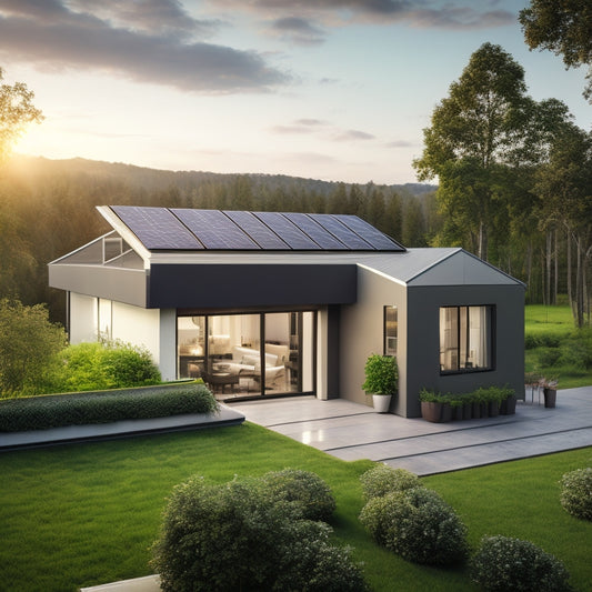 A modern home's rooftop with a sleek solar panel array, a sleek inverter on the wall, and a compact battery storage unit with flashing LED lights, surrounded by lush greenery.