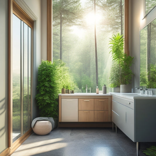 A serene bathroom with a large window, solar panels on the roof, and a sleek storage cabinet with a sliding mirror door, surrounded by lush greenery and soft, natural light.