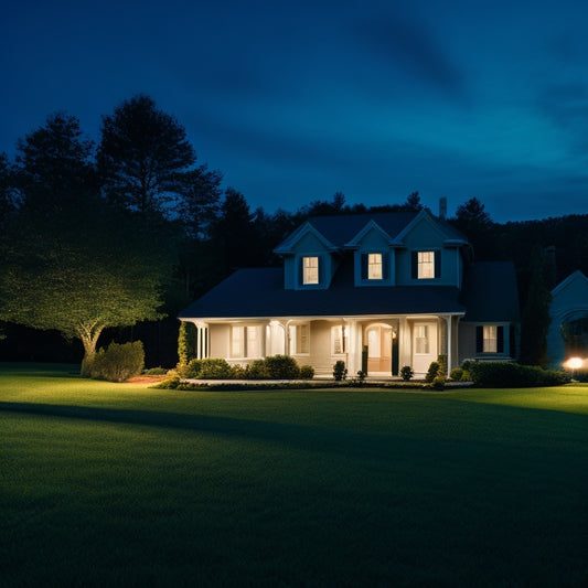 A serene suburban home at dusk with a portable generator discreetly positioned on the lawn, softly lit power tools and lamps aglow, surrounded by a lush green landscape and a faint moonrise.
