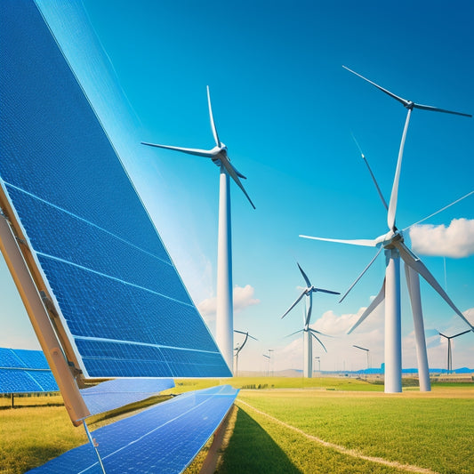 A stylized illustration featuring interconnected gears, solar panels, and wind turbines, set against a bright blue background with subtle gradient, surrounded by faint grid lines and minimalist icons of top brand logos.