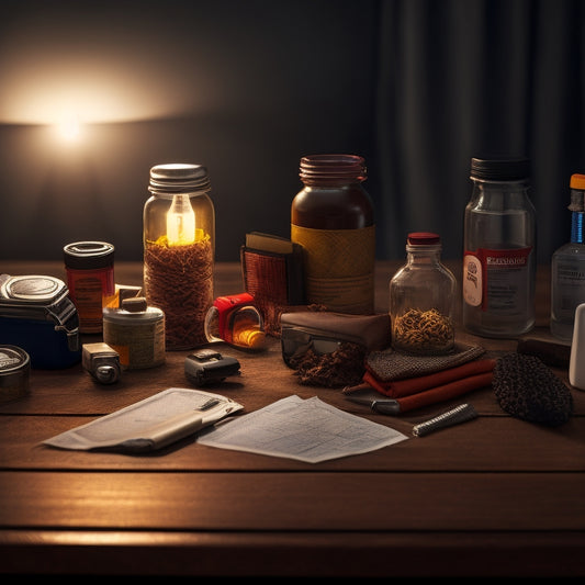 A neatly organized emergency kit on a wooden table, featuring a flashlight, multi-tool, first aid supplies, non-perishable snacks, water bottles, a whistle, and a map, surrounded by a cozy, dimly lit room.