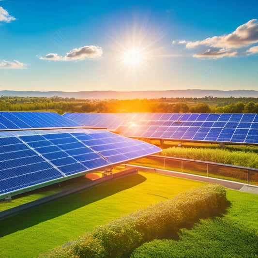 A vibrant solar farm with sleek, high-efficiency solar panels glistening under a bright blue sky, surrounded by lush greenery, integrated into a modern cityscape showcasing innovative solar technology on rooftops and electric vehicles.