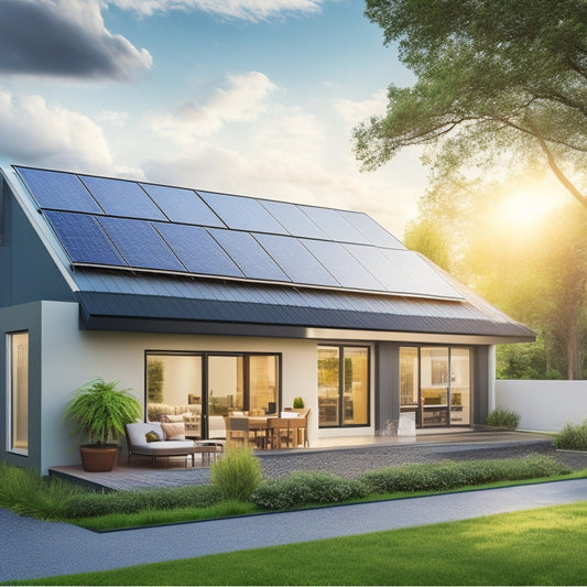 An illustration of a modern, eco-friendly house with a rooftop array of solar panels, energy-efficient appliances, and a sleek, wall-mounted battery storage system.