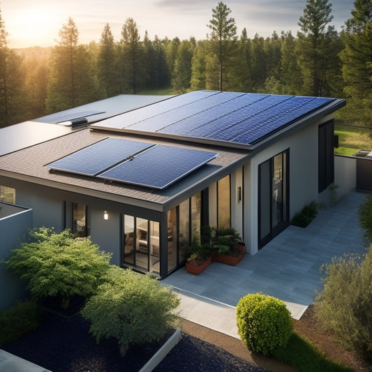 A modern residential rooftop with a sleek, black solar panel array, a compact battery storage unit in the background, and a few green trees surrounding the house.
