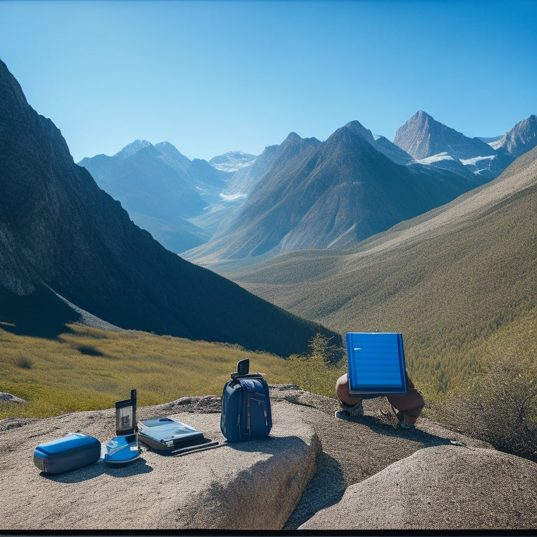 A serene outdoor scene with a hiker in the distance, surrounded by mountains and a bright blue sky, with three portable solar chargers of varying sizes and designs laid out on a rock in the foreground.