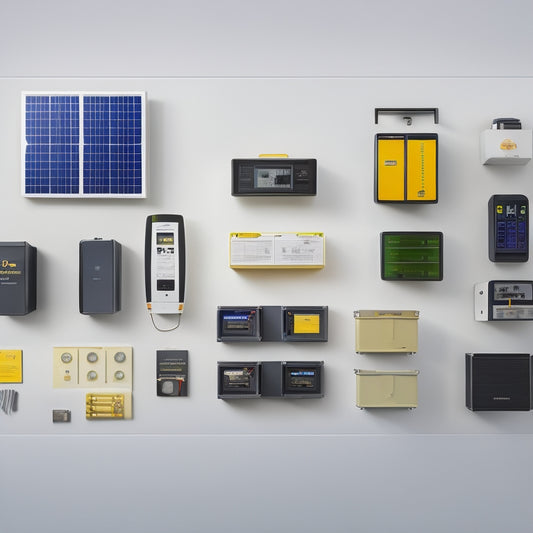 A split-screen image featuring six to eight DIY home energy kits with varying components, such as solar panels, batteries, and inverters, on a clean white background, with subtle shadows and soft lighting.