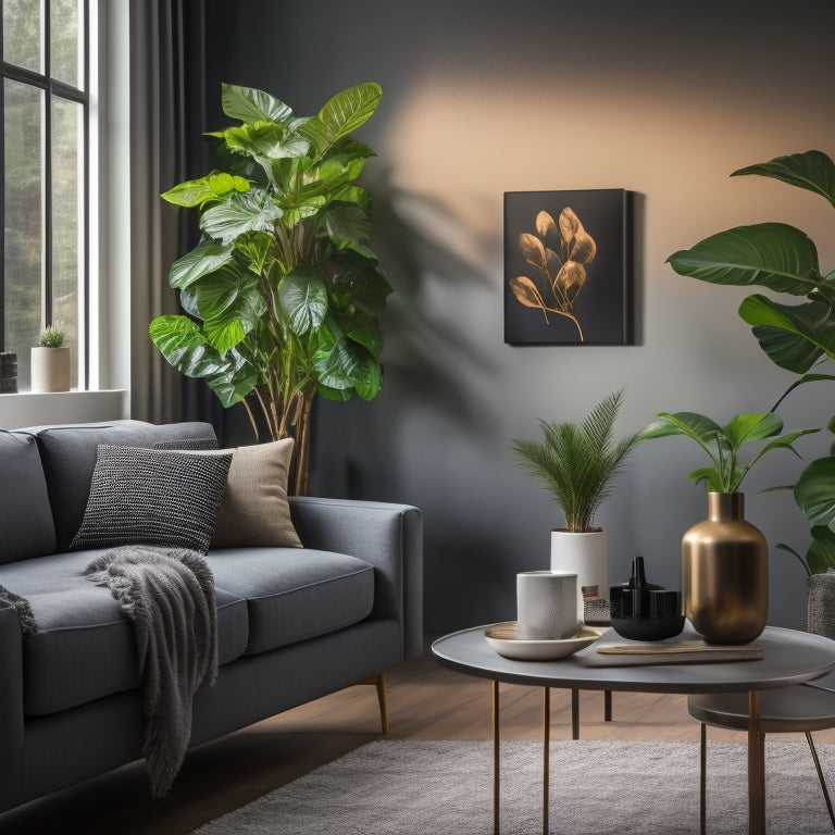 A sleek, modern living room featuring a stylish smart thermostat on the wall, warm ambient lighting, lush indoor plants, and a cozy sofa, creating a harmonious blend of technology and comfort in a contemporary space.