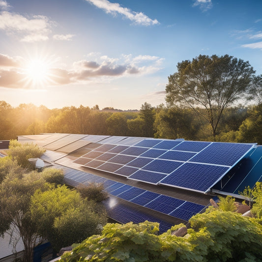 A vibrant rooftop scene featuring sleek solar panels angled towards the sun, surrounded by lush greenery and a clear blue sky, emphasizing sustainability and energy efficiency in a modern residential setting.