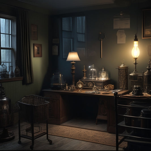 A darkened home interior with a single, warm-lit room in the background, illuminated by a battery-powered lantern, surrounded by diagrams of electrical circuits and a backup generator.