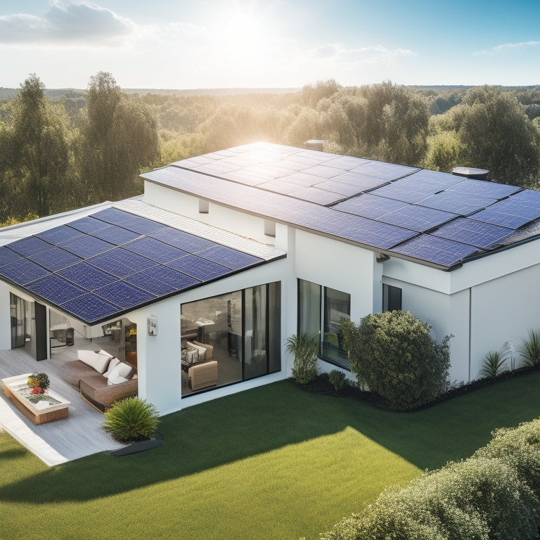A modern home's rooftop with sleek black solar panels installed, connected to a sleek white battery pack with metallic accents, surrounded by lush greenery and a bright blue sky with fluffy white clouds.