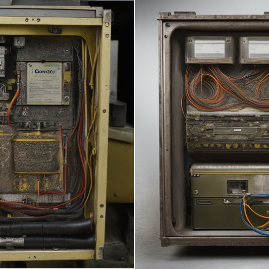 A split-screen image featuring a well-maintained battery system with clean, shiny components and organized wiring on one side, and a neglected system with corroded terminals and tangled wires on the other.