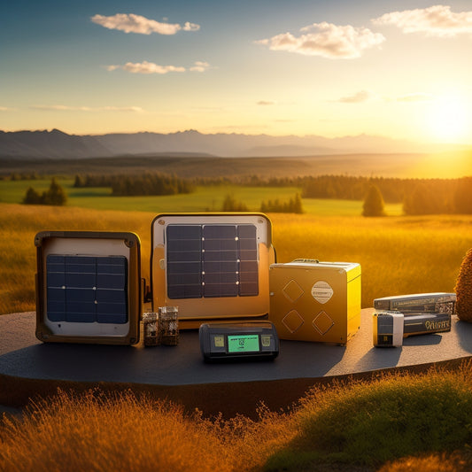 A serene, sun-lit background with 5 lithium-ion batteries of varying sizes, each with a unique design and color scheme, surrounded by solar panels and subtle circuitry elements.