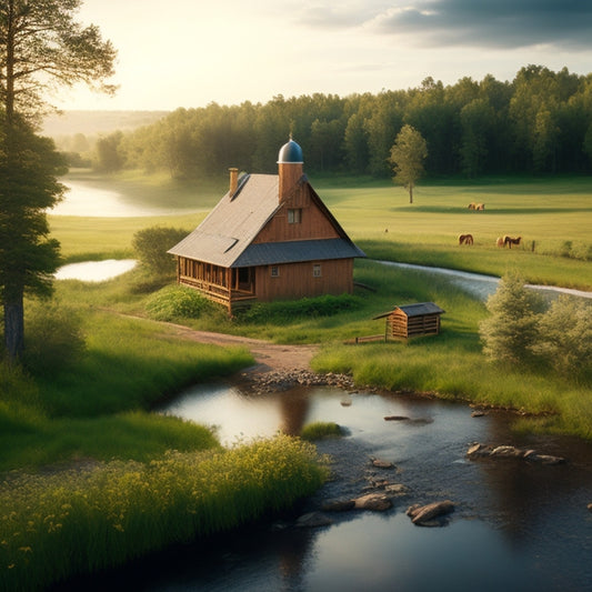 A serene, rural landscape with a rustic wooden cabin, solar panels on the roof, and a windmill in the distance, surrounded by lush greenery and a meandering stream.