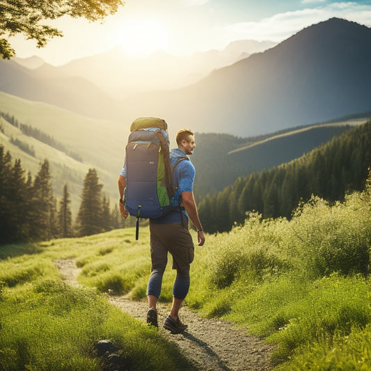 A serene landscape with a person hiking in the distance, carrying a compact solar panel and battery backpack, surrounded by lush greenery and a sunny sky with a few wispy clouds.