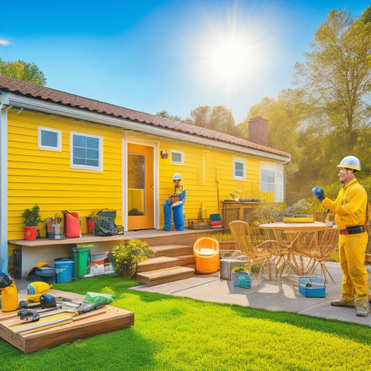 A sunny backyard with a single-story house, a DIY homeowner in a yellow hard hat and gloves, holding a solar panel, amidst a scattered array of tools and installation materials.
