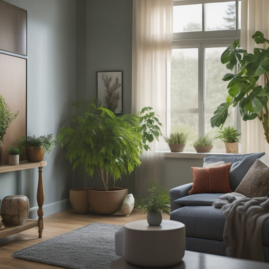 A serene, well-lit living room with a greenery wall, a floor-to-ceiling window, and a minimalist decor, featuring a subtle smart home system interface on a tablet in the corner.
