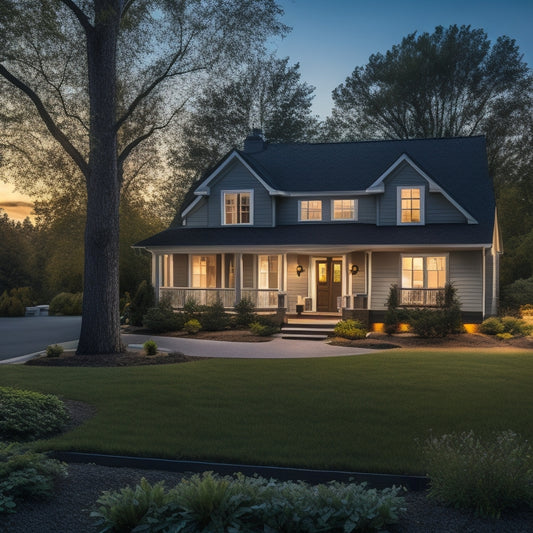 A serene suburban home at dusk, with a mix of lit and dark windows, surrounded by trees, featuring a sleek battery backup system on the exterior wall and a portable generator in the yard.
