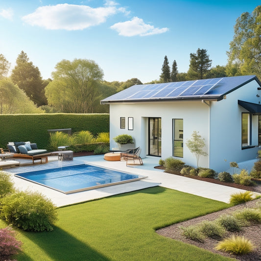 A serene backyard with a sleek, modern home, rooftop solar panels, and a few energy-efficient gadgets, surrounded by lush greenery and a sunny blue sky with a few fluffy white clouds.