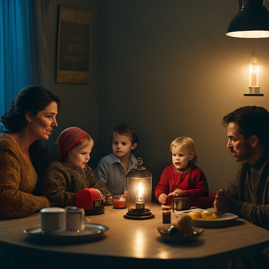 A dimly lit living room with a family huddled together, illuminated only by a lantern and a few candles, surrounded by flashlights, batteries, and a portable power generator in the background.