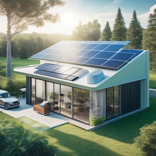 A futuristic, modern home with a sleek rooftop solar panel array, connected to a sleek, silver battery storage system in the garage, surrounded by lush greenery and a clear blue sky.