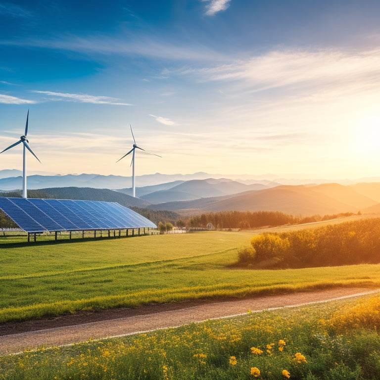 A vibrant landscape featuring solar panels glistening under the sun, wind turbines gracefully spinning on rolling hills, and lush greenery with a clear blue sky, symbolizing harmony between nature and clean energy technologies.
