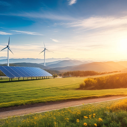 A vibrant landscape featuring solar panels glistening under the sun, wind turbines gracefully spinning on rolling hills, and lush greenery with a clear blue sky, symbolizing harmony between nature and clean energy technologies.