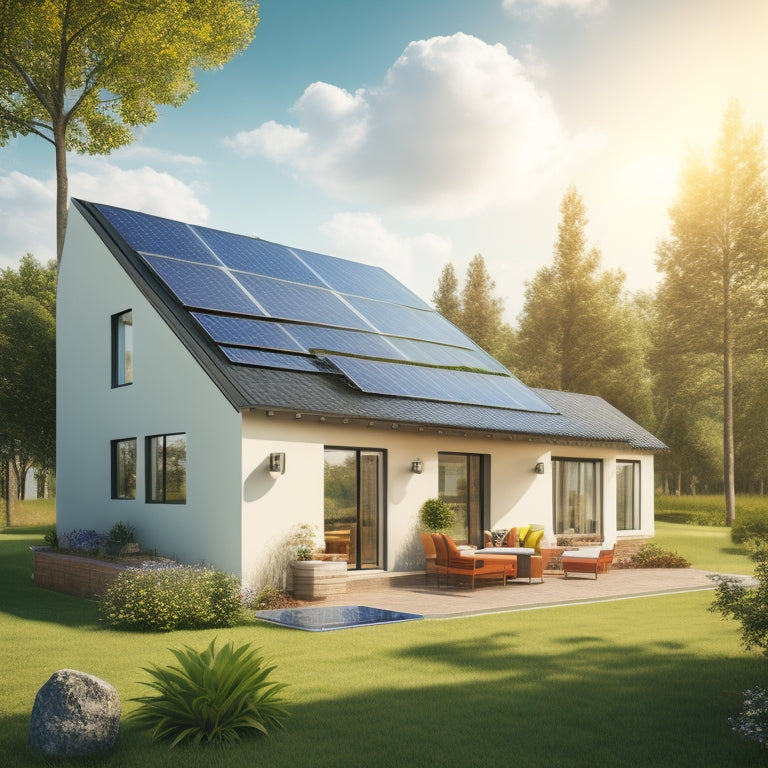 A modern home with solar panels on the roof, a wind turbine in the backyard, and a battery bank with cables and meters on the wall, surrounded by lush greenery and a sunny sky.