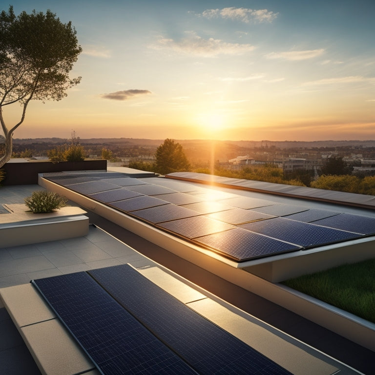 A sleek, modern rooftop with seamlessly integrated solar panels, blending with the tiles in a harmonious curve, as sunlight casts a warm glow on the surrounding landscape.
