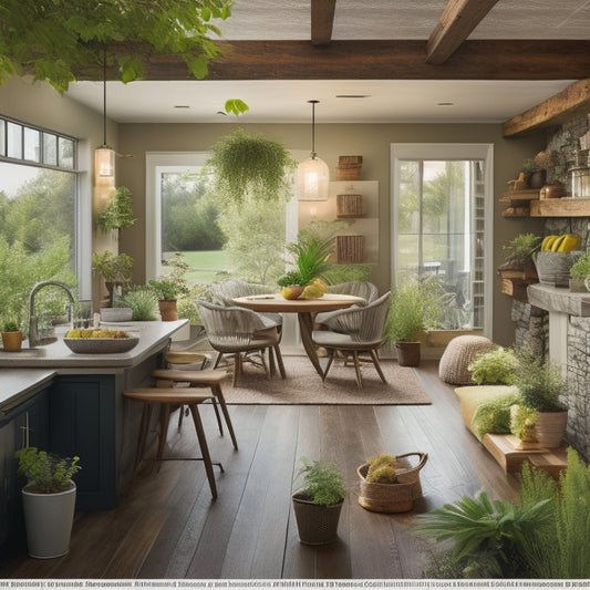 A cozy home interior featuring solar panels, energy-efficient appliances, LED light bulbs, and a garden with native plants, all harmoniously blending to illustrate a sustainable lifestyle and reduced carbon footprint.