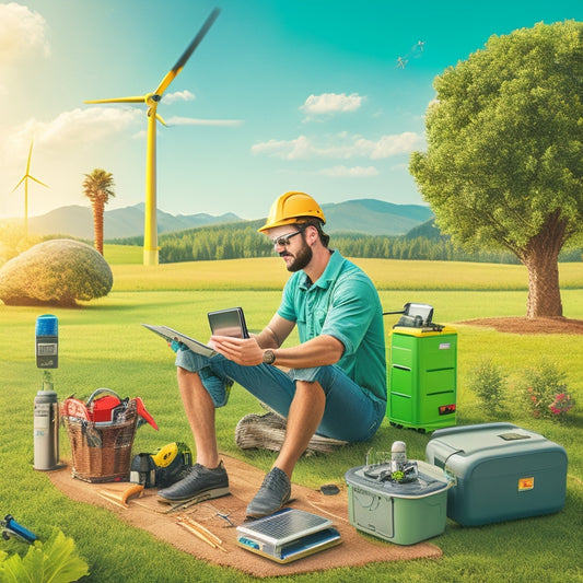 A bright, modern illustration depicting a DIY enthusiast surrounded by eco-friendly gadgets, tools, and materials, amidst a lush green background with subtle solar panels and wind turbines.