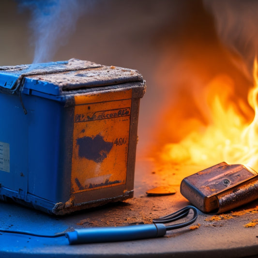 A close-up of a damaged lithium-ion battery with visible scorch marks, surrounded by smoke and a faint outline of fire. Include scattered tools and safety gear, emphasizing the risks and precautions associated with battery safety.