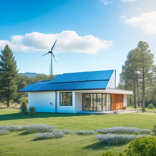 A serene, modern home surrounded by lush greenery, with a solar panel roof, a compact wind turbine, and a small, sleek battery storage unit, set against a bright blue sky with a few puffy clouds.