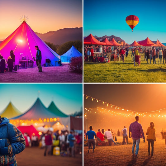 A vibrant outdoor festival scene with colorful tents, lively crowds, and a central portable power generator, surrounded by string lights and equipment, illustrating energy and excitement amidst nature.