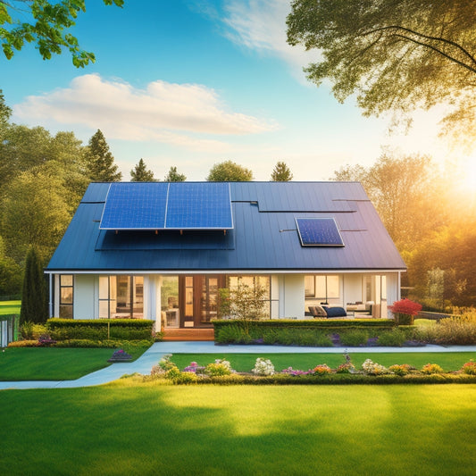 A serene suburban home with a pitched roof, surrounded by lush greenery, featuring a sleek solar panel installation, with 10 distinct kits displayed on the lawn, each with different sizes and designs.