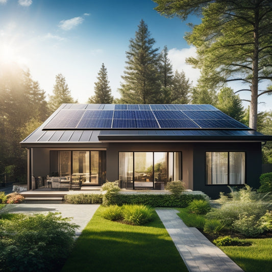 A sunny suburban home with a modern, sleek roof, covered in a grid of shiny, black solar panels, with a few solar tubes rising from the roof's edge, amidst lush green trees and a blue sky.