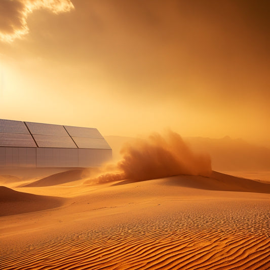 A dramatic, high-contrast image depicting a solar panel installation in the midst of a raging sandstorm, with intense orange-brown dust swirling around the panels, which remain steadfast and unobscured.